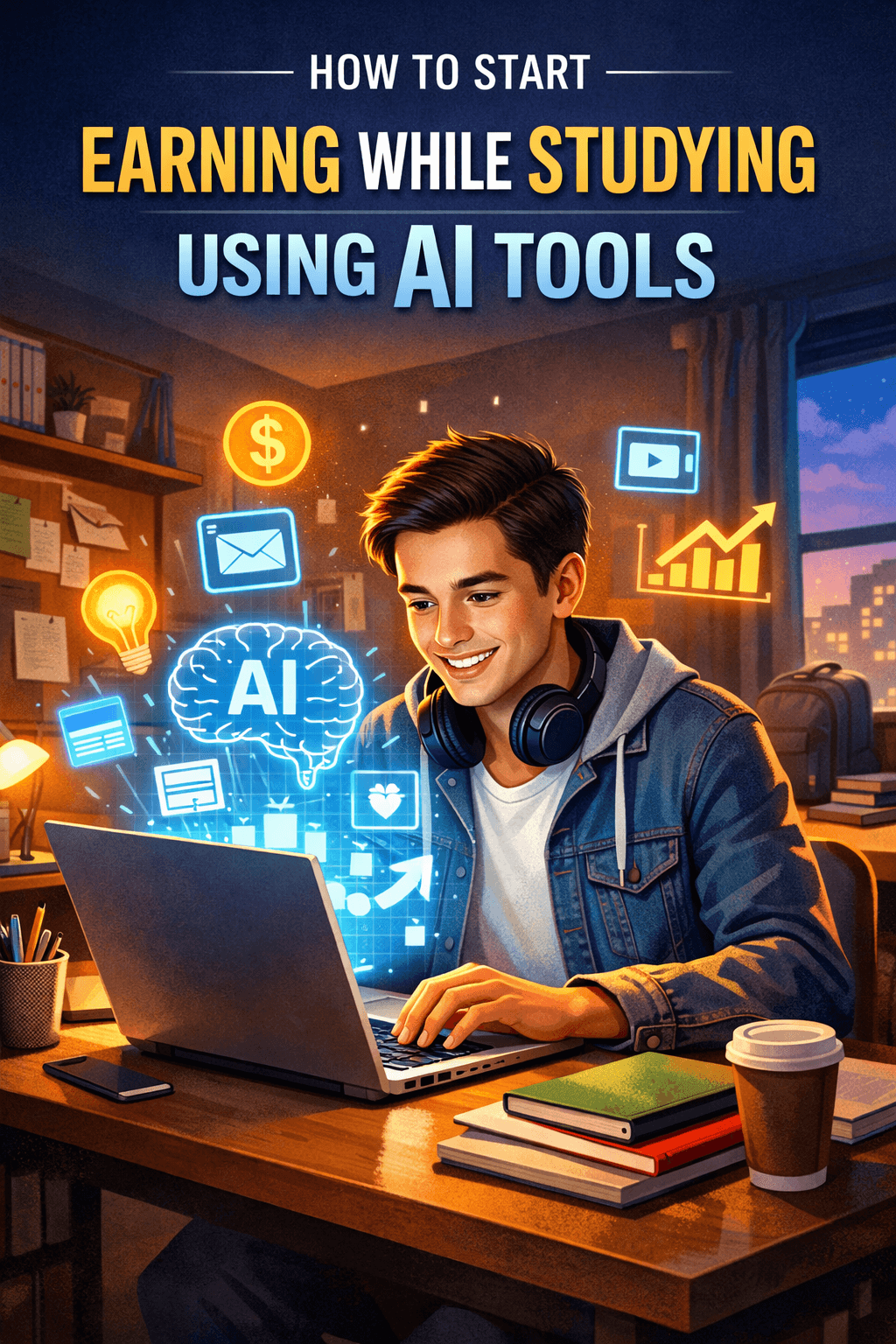 Student working on laptop using AI tools to earn money