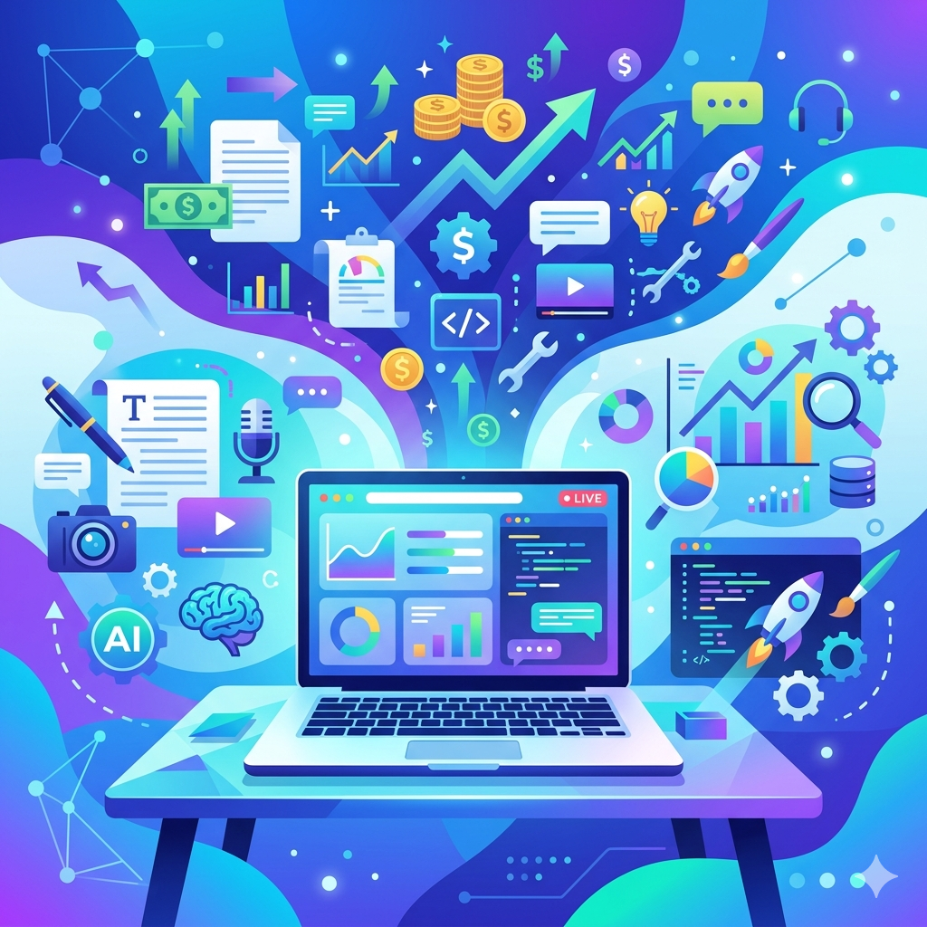 Editorial cover showing beginner AI side hustle ideas