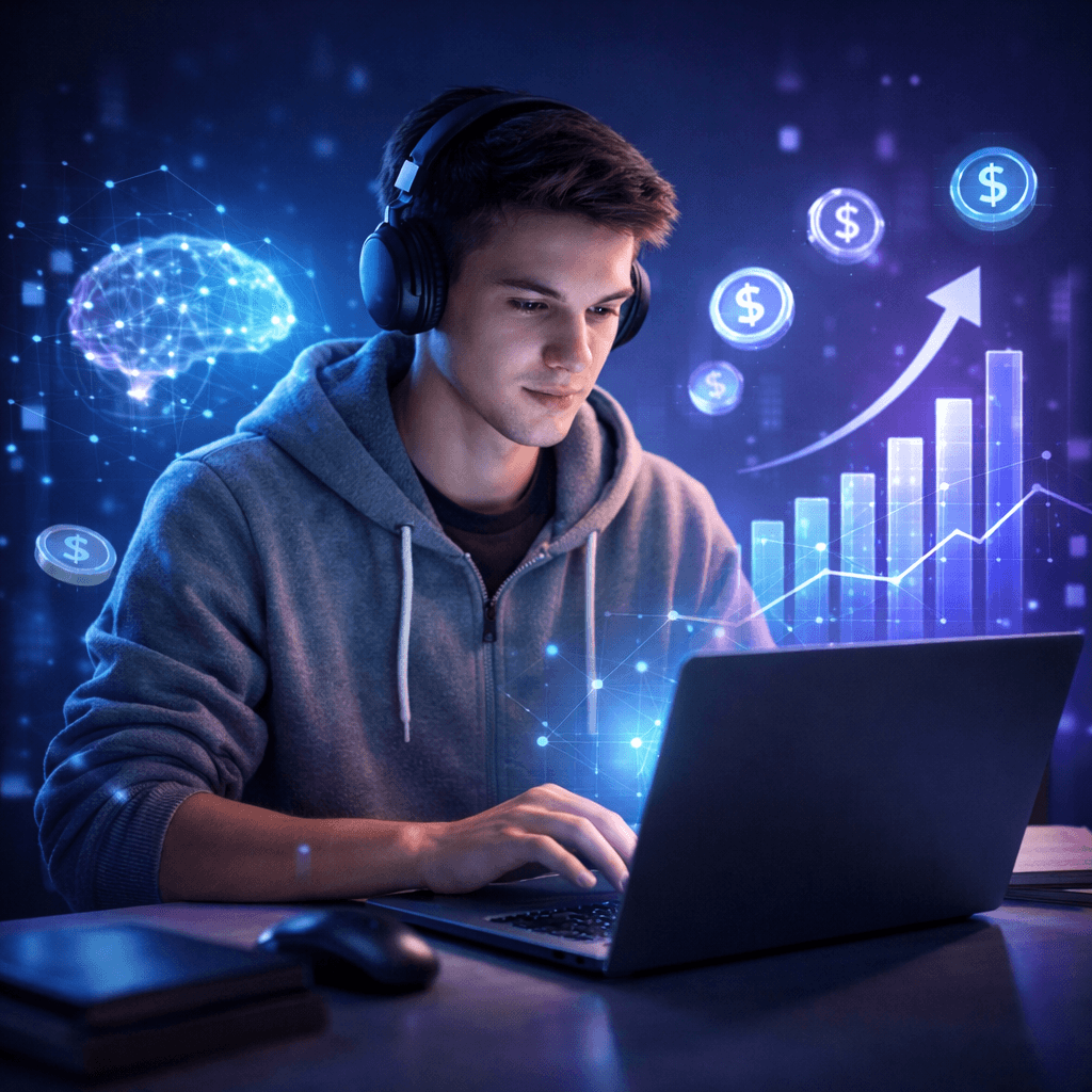 Student using AI tools on laptop to earn money online